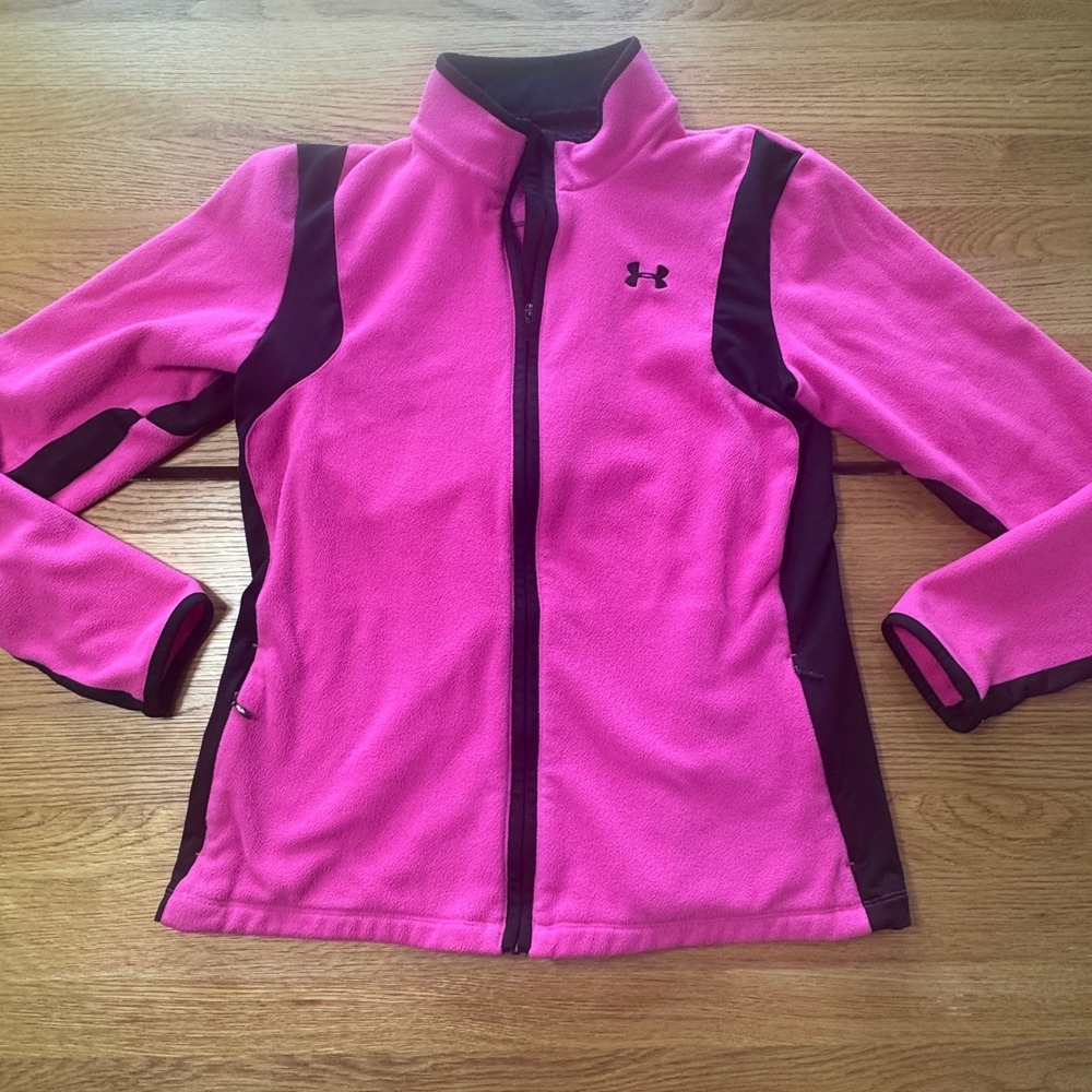 Under Armour ColdGear Women Large Pink Black Full Zip Fleece Jacket Mock Neck